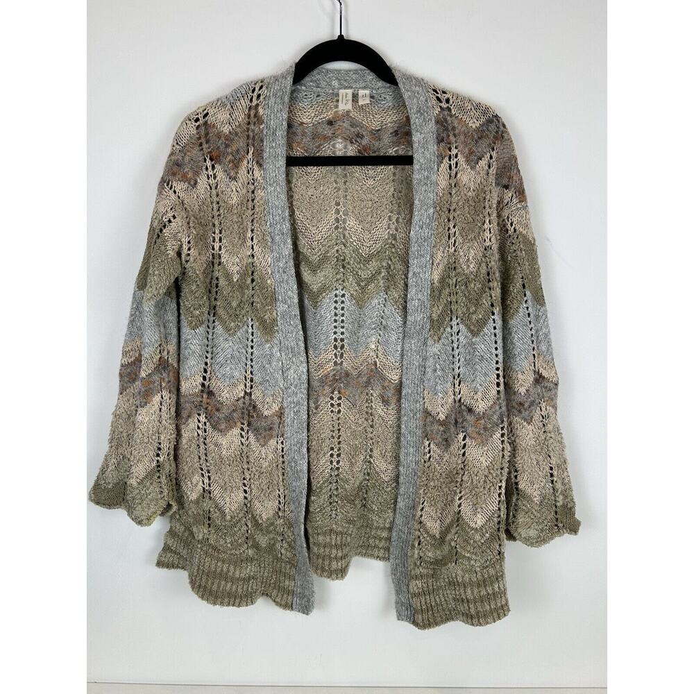 Meadow Rue Open Knit Chevron Gray Tan Cotton Wool Cardigan XS Mohair Alpaca